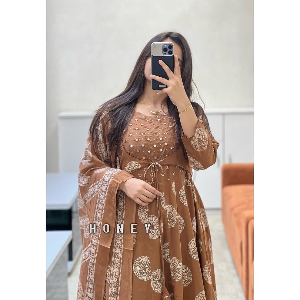Brown Cotton Printed Anarkali with Attached Jacket Detailing with Pants and Dupatta - FlareBattles