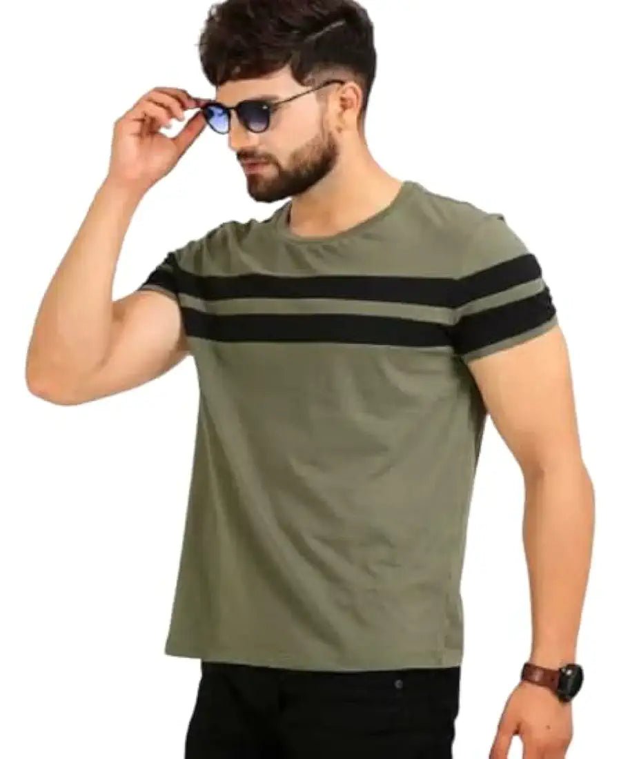 Attitude Start of Fashion Striped Men Round Neck Light Green T-Shirt - FlareBattles